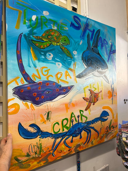Shark, stingray, crab, fish, turtle