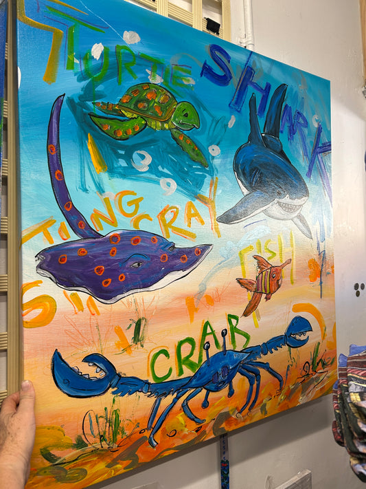 Shark, stingray, crab, fish, turtle